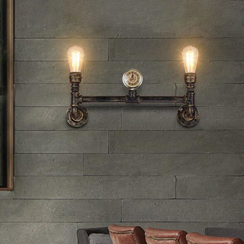Iron Bronze Finish Wall Mount Lamp Bare Bulb 2-Head Antiqued Sconce Lighting with Gauge Deco