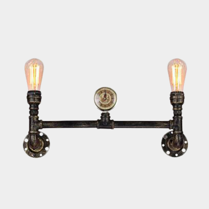 Iron Bronze Finish Wall Mount Lamp Bare Bulb 2-Head Antiqued Sconce Lighting with Gauge Deco