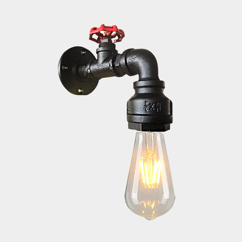 Water Pipe Balcony Sconce Lamp Fixture Industrial Iron 1-Light Silver/Black/Rust Wall Mount Lamp with Red Valve Deco