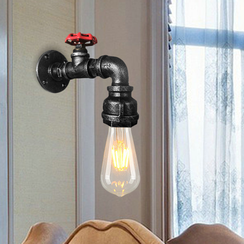 Water Pipe Balcony Sconce Lamp Fixture Industrial Iron 1-Light Silver/Black/Rust Wall Mount Lamp with Red Valve Deco