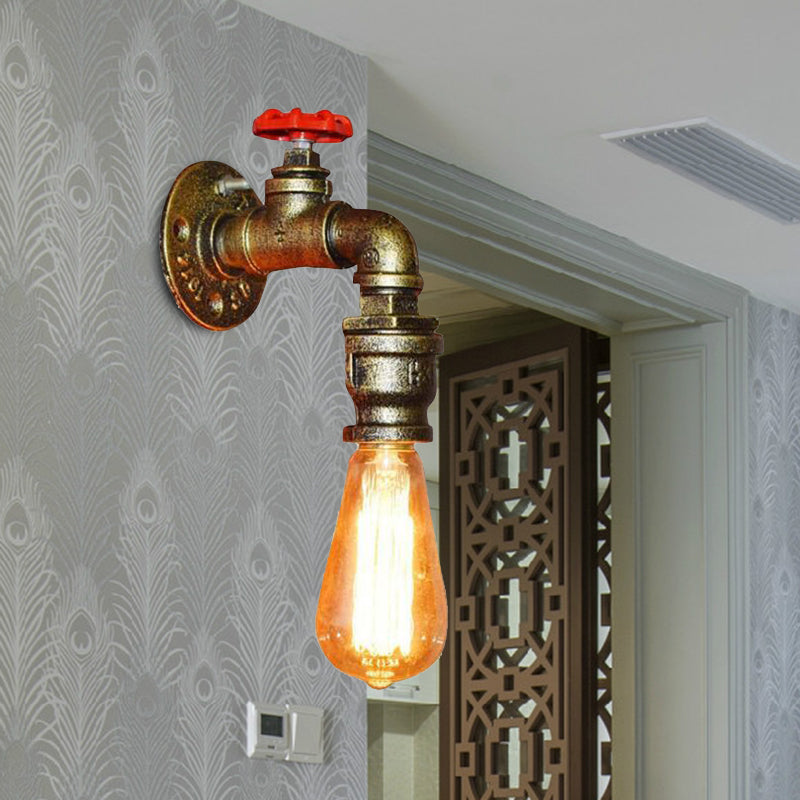 Water Pipe Balcony Sconce Lamp Fixture Industrial Iron 1-Light Silver/Black/Rust Wall Mount Lamp with Red Valve Deco