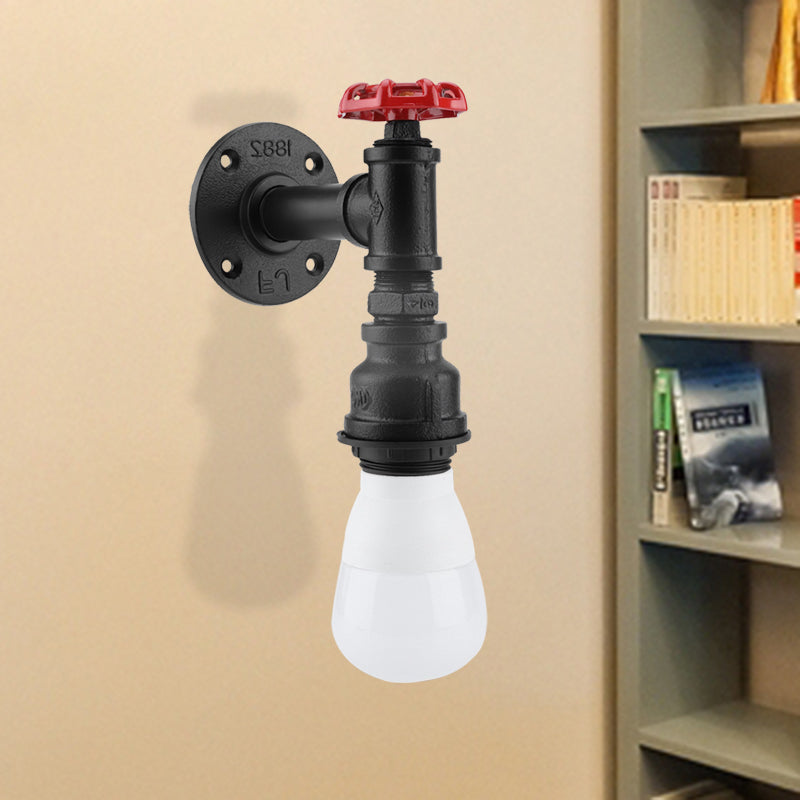 Black 1 Bulb Wall Sconce Farmhouse Iron Piping Wall Mount Lighting with Red Valve Deco for Corner
