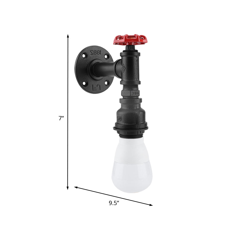 Black 1 Bulb Wall Sconce Farmhouse Iron Piping Wall Mount Lighting with Red Valve Deco for Corner