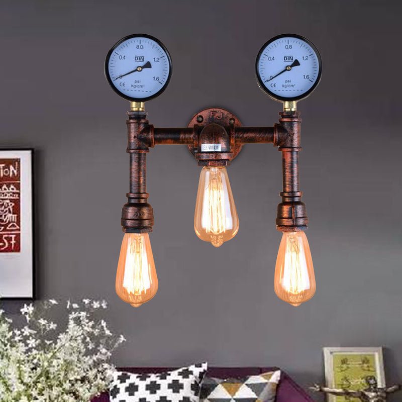 3 Lights Metallic Sconce Light Industrial Copper Exposed Bulb Balcony Wall Lamp with Double Gauge Deco