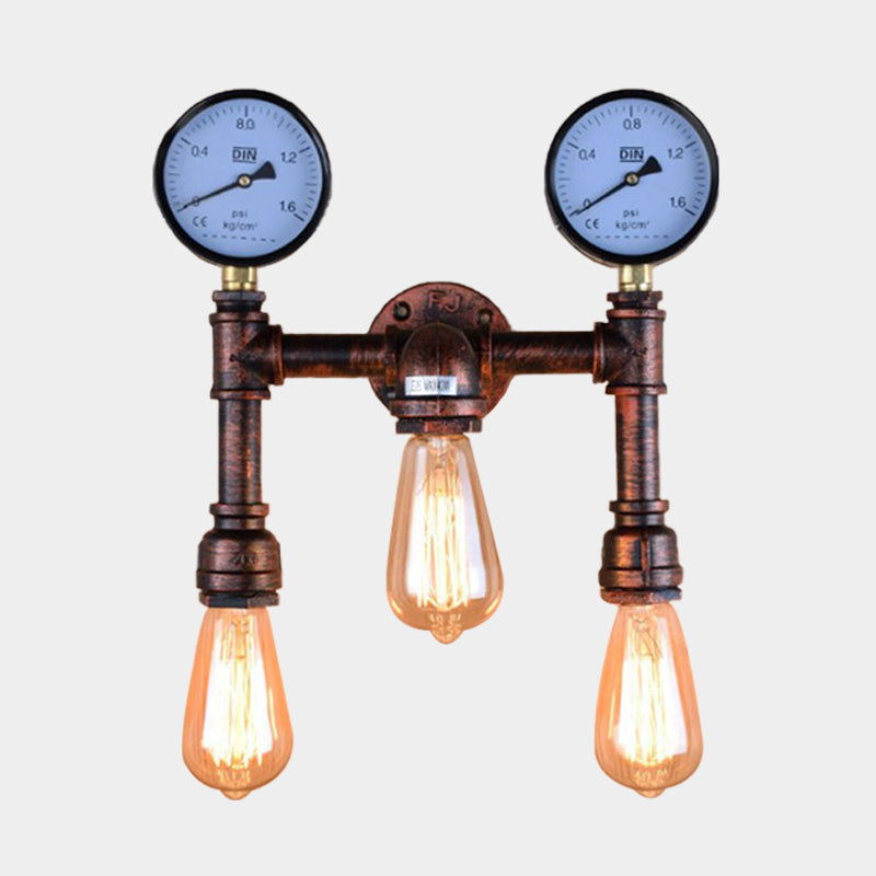 3 Lights Metallic Sconce Light Industrial Copper Exposed Bulb Balcony Wall Lamp with Double Gauge Deco