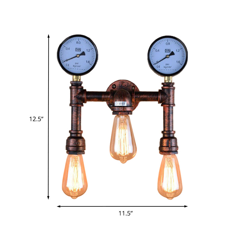 3 Lights Metallic Sconce Light Industrial Copper Exposed Bulb Balcony Wall Lamp with Double Gauge Deco