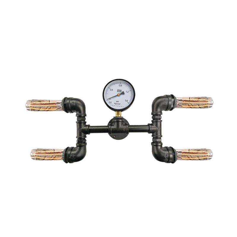 4-Bulb H-Shape Wall Light Sconce Farmhouse Black Iron Wall Mount Lamp with Gauge Deco