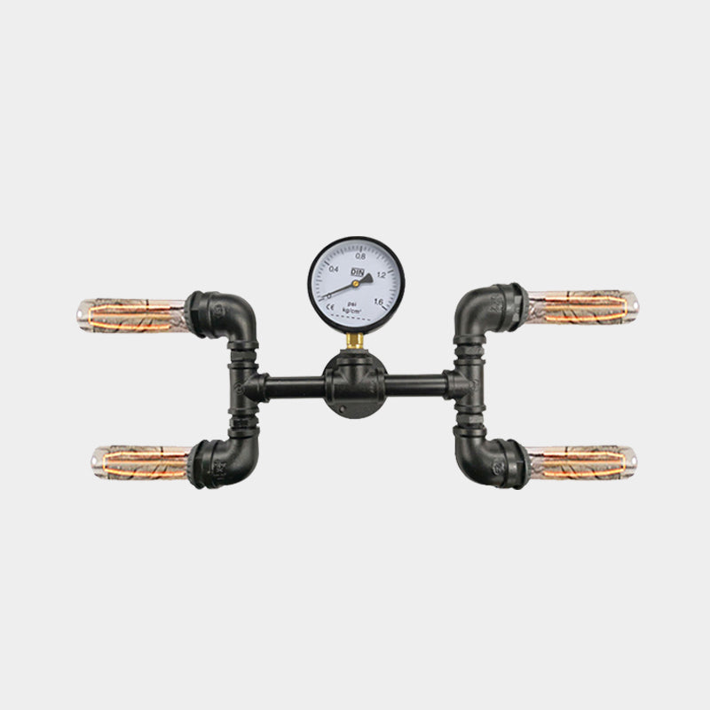 4-Bulb H-Shape Wall Light Sconce Farmhouse Black Iron Wall Mount Lamp with Gauge Deco