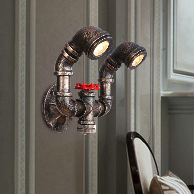 1/2-Bulb Sconce Light Fixture Farmhouse Water Pipe Iron Wall Lamp in Bronze with Red Valve Deco