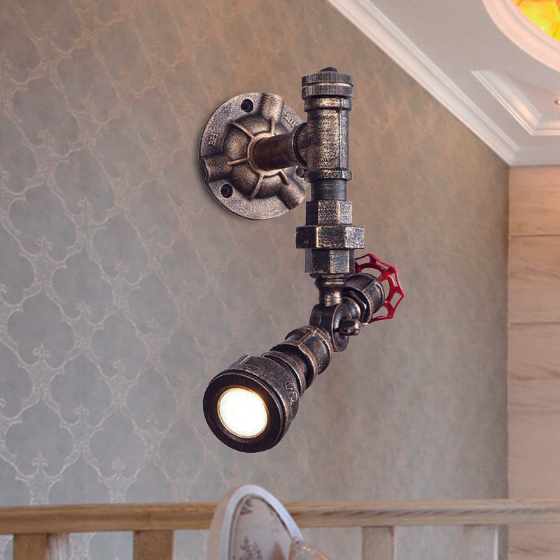 1/2-Bulb Sconce Light Fixture Farmhouse Water Pipe Iron Wall Lamp in Bronze with Red Valve Deco