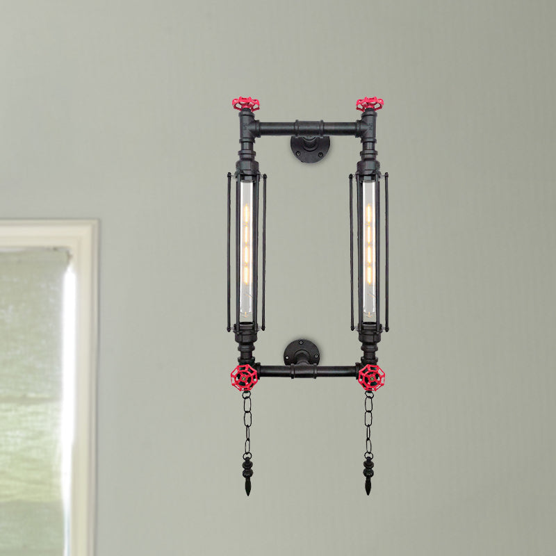 Metal Rectangle Frame Wall Lighting Antiqued 2 Lights Hallway Wall Lamp Sconce in Black/Copper with Chain