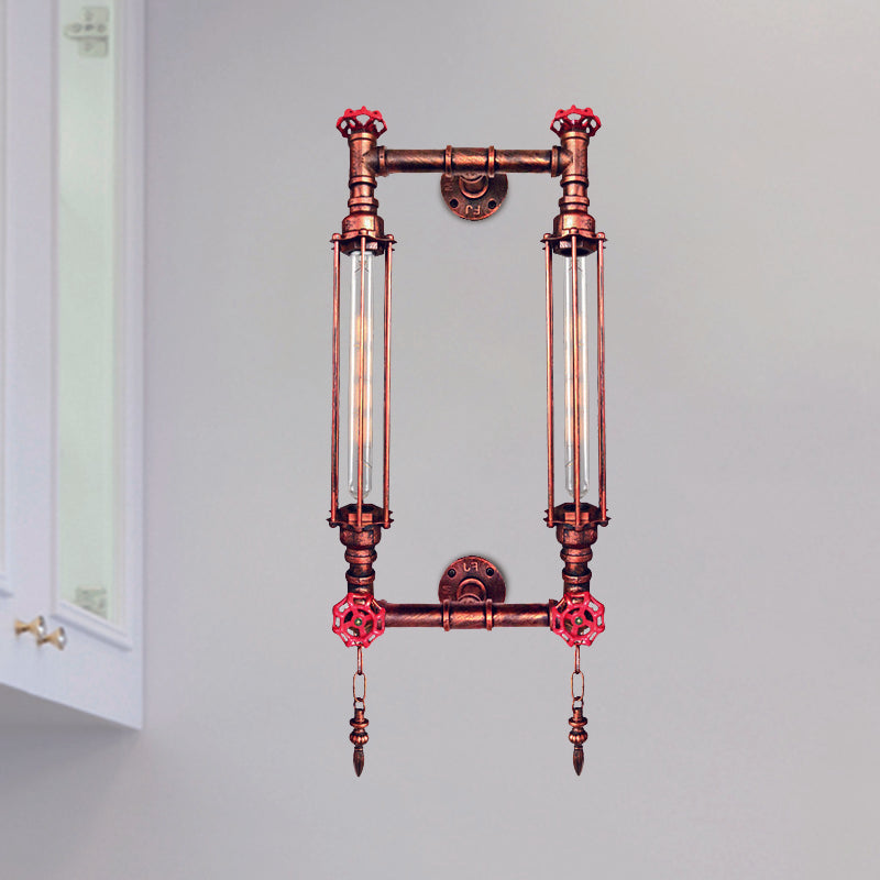 Metal Rectangle Frame Wall Lighting Antiqued 2 Lights Hallway Wall Lamp Sconce in Black/Copper with Chain