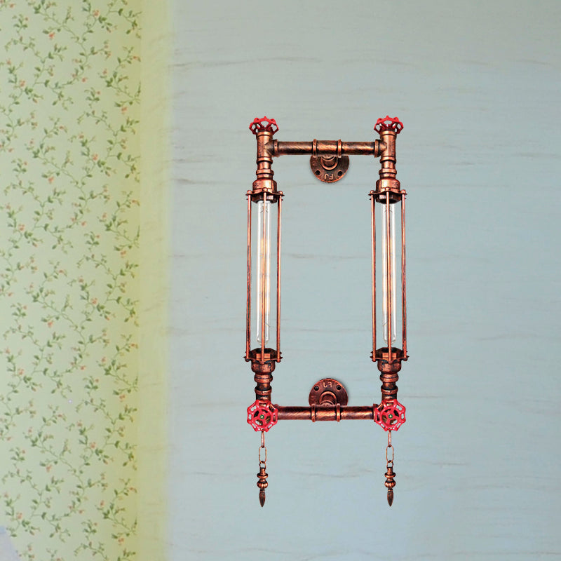 Metal Rectangle Frame Wall Lighting Antiqued 2 Lights Hallway Wall Lamp Sconce in Black/Copper with Chain