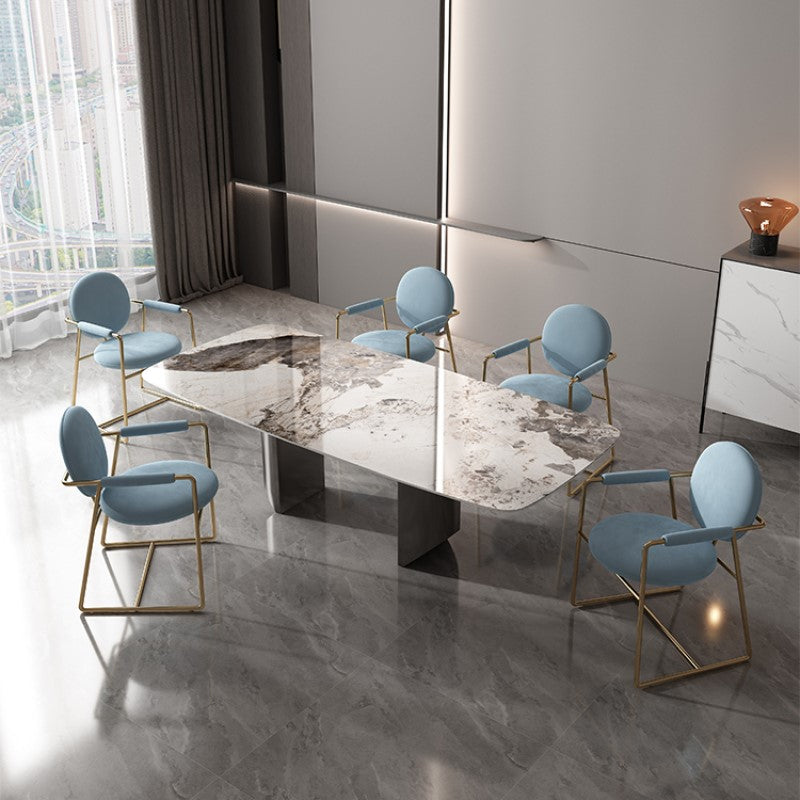 Industrial Double Pedestal Dining Table Rectangle Stone Top Dining Room Table