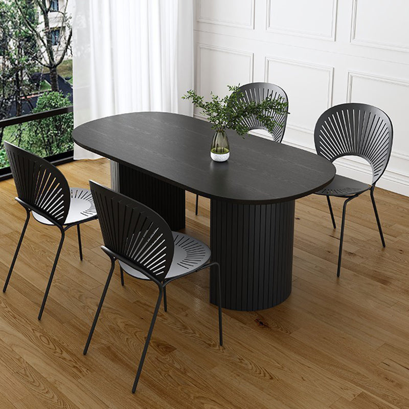 Modern Oval Dinette Table Sintered Stone Top Black Steel Double Pedestal Table