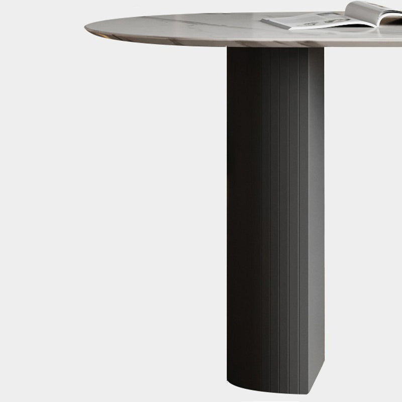 Modern Oval Dinette Table Sintered Stone Top Black Steel Double Pedestal Table