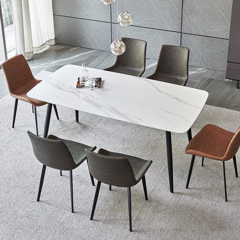 Matte Finish Stone Rectangular Dining Table 4 Legs Furniture with Steel Base