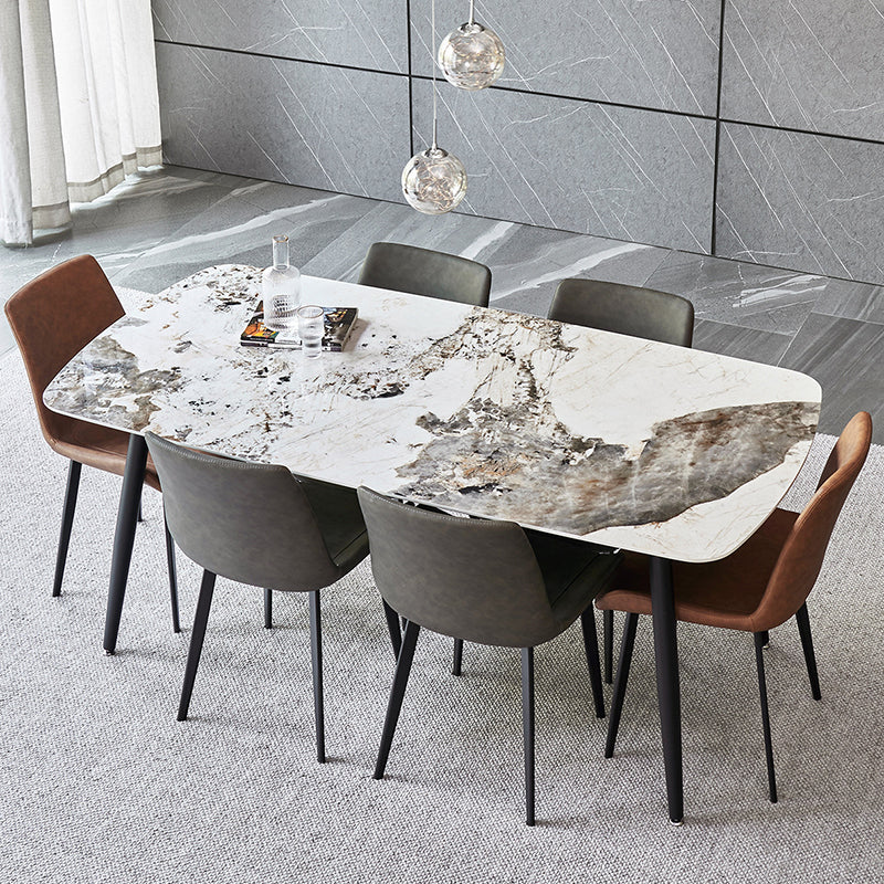 Matte Finish Stone Rectangular Dining Table 4 Legs Furniture with Steel Base