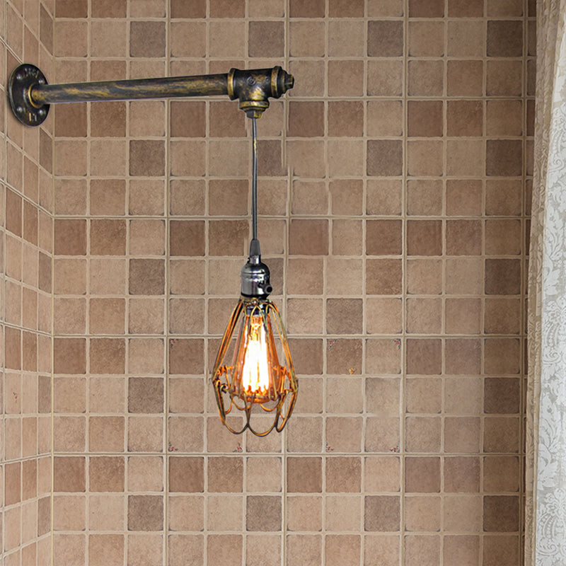 Metal Caged Wall Sconce Lamp Industrial 1 Bulb Restaurant Wall Mount Pipe Light in Brass