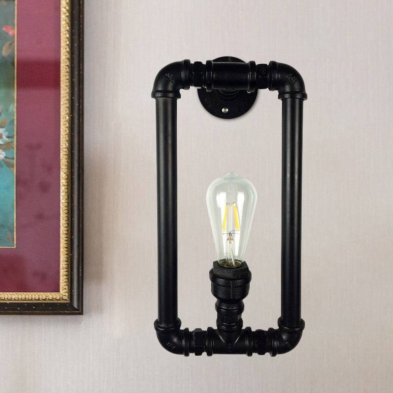 Black Rectangle Sconce Lighting Antiqued Iron 1-Bulb Coffee House Wall Mount Pipe Lamp Fixture