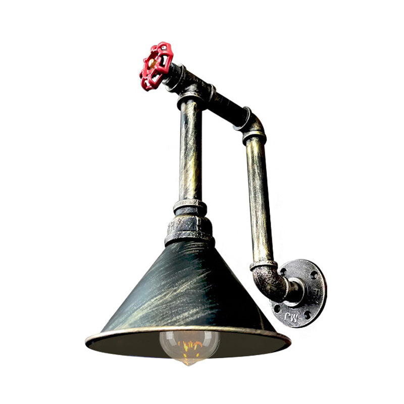 1 Light Pipe and Valve Sconce Rustic Black/Bronze Metal Wall Mount Sconce with Cone Shade for Restaurant