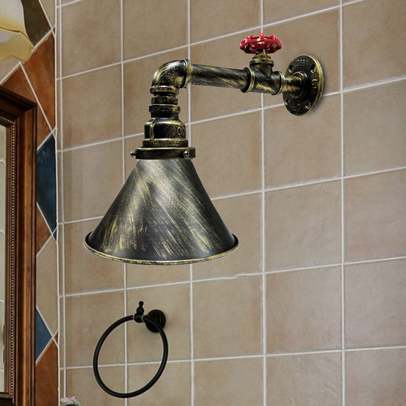 Iron Bronze Sconce Lighting Vintage Conical 1-Head Industrial Wall Lamp Fixture with Red Valve Deco