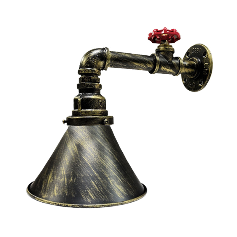 Iron Bronze Sconce Lighting Vintage Conical 1-Head Industrial Wall Lamp Fixture with Red Valve Deco