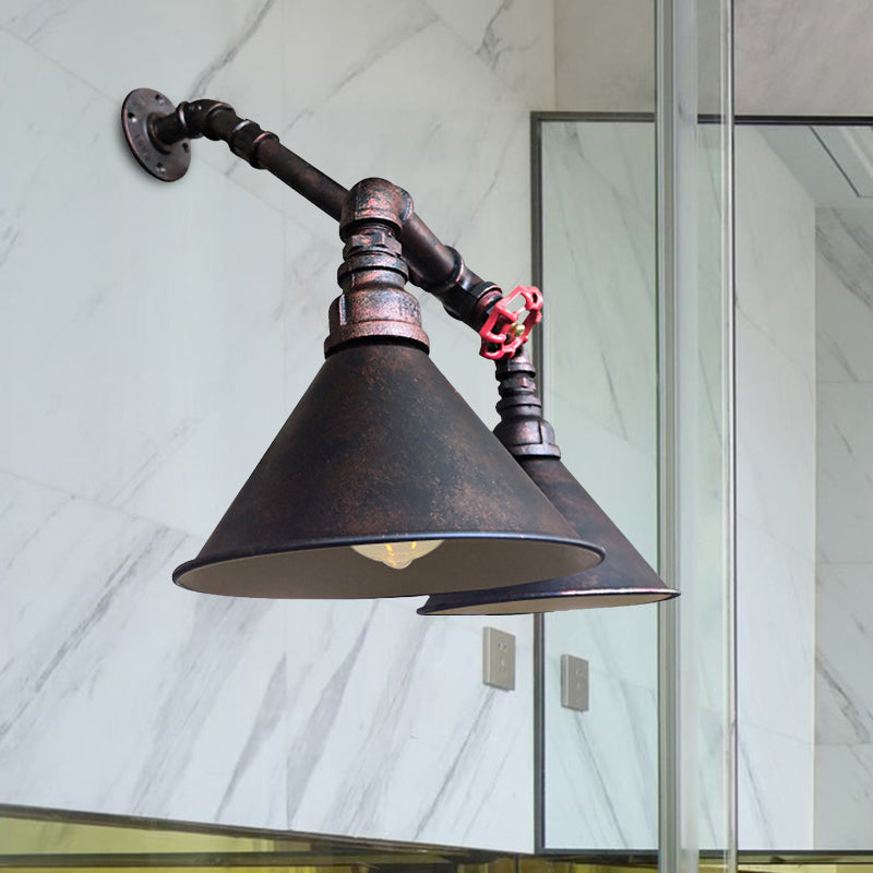 Flared Metallic Wall Mount Lighting Antiqued 2 Bulbs Living Room Sconce in Black with Red Valve Deco