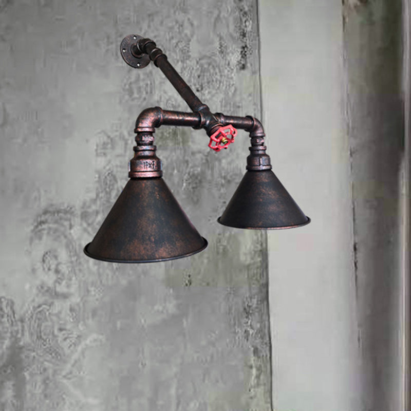 Flared Metallic Wall Mount Lighting Antiqued 2 Bulbs Living Room Sconce in Black with Red Valve Deco