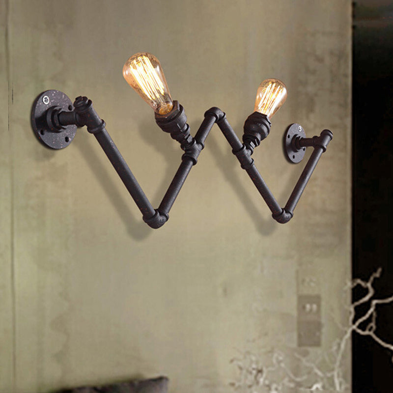 Black 2-Bulb Wall Lamp Fixture Farmhouse Iron W-Shape Wall Mount Sconce with Pipe Design