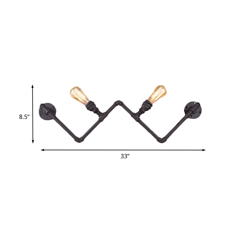 Black 2-Bulb Wall Lamp Fixture Farmhouse Iron W-Shape Wall Mount Sconce with Pipe Design