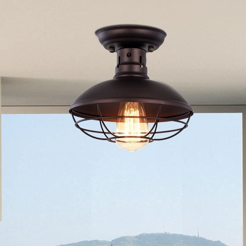Iron Barn Flush Mount Lighting Antiqued 1 Head Living Room Flush Ceiling Lamp in Bronze/Coffee with Cage
