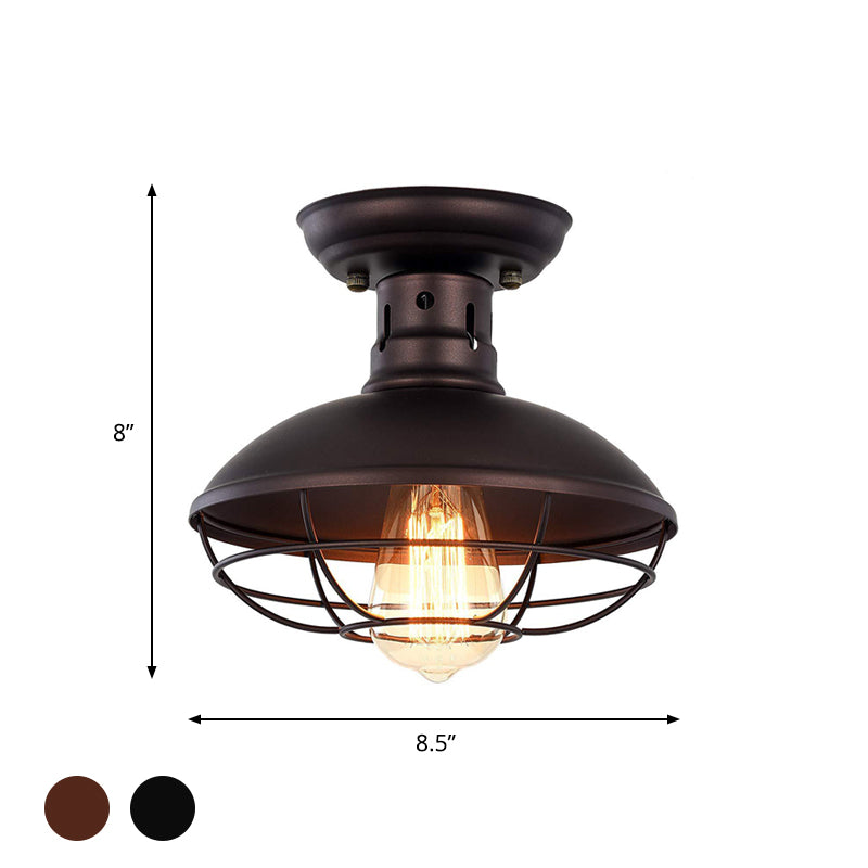 Iron Barn Flush Mount Lighting Antiqued 1 Head Living Room Flush Ceiling Lamp in Bronze/Coffee with Cage