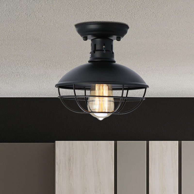 Iron Barn Flush Mount Lighting Antiqued 1 Head Living Room Flush Ceiling Lamp in Bronze/Coffee with Cage