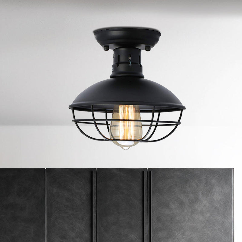 Iron Barn Flush Mount Lighting Antiqued 1 Head Living Room Flush Ceiling Lamp in Bronze/Coffee with Cage