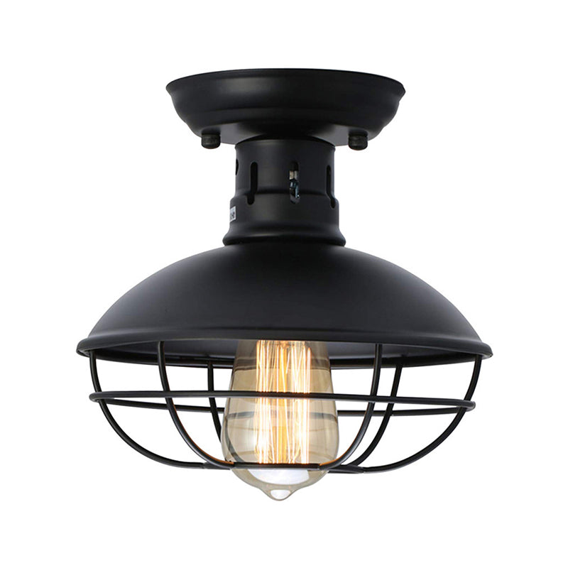 Iron Barn Flush Mount Lighting Antiqued 1 Head Living Room Flush Ceiling Lamp in Bronze/Coffee with Cage