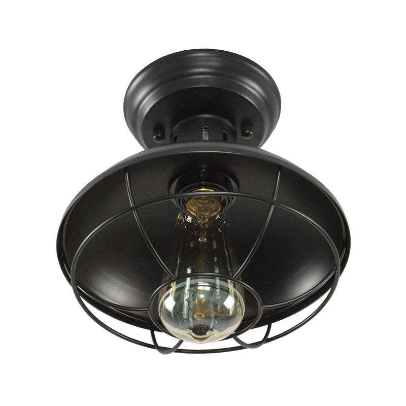 Iron Barn Flush Mount Lighting Antiqued 1 Head Living Room Flush Ceiling Lamp in Bronze/Coffee with Cage