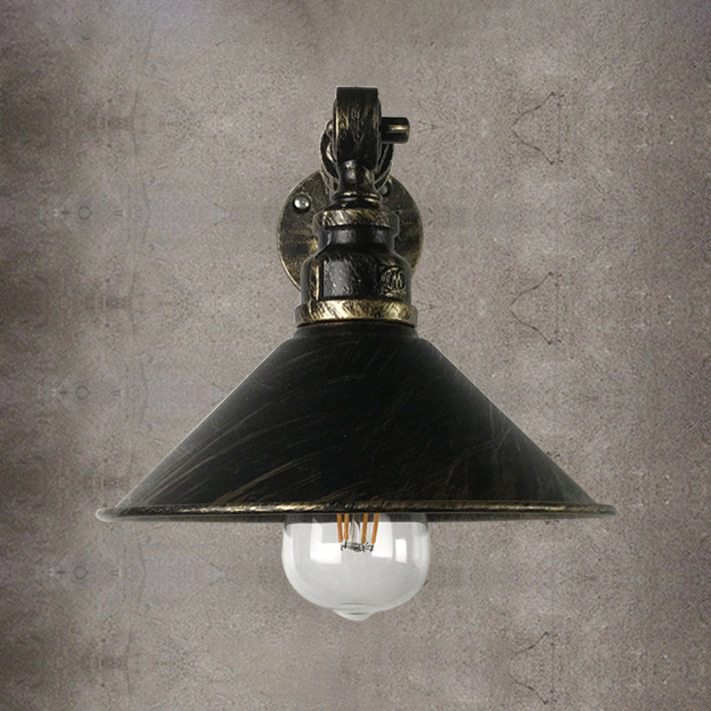 Antique Brass 1-Bulb Sconce Lighting Vintage Metal Cone Shade Wall Mounted Lamp for Restaurant