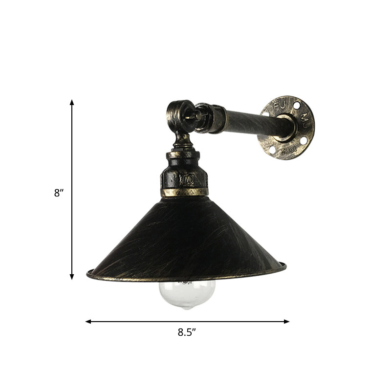 Antique Brass 1-Bulb Sconce Lighting Vintage Metal Cone Shade Wall Mounted Lamp for Restaurant