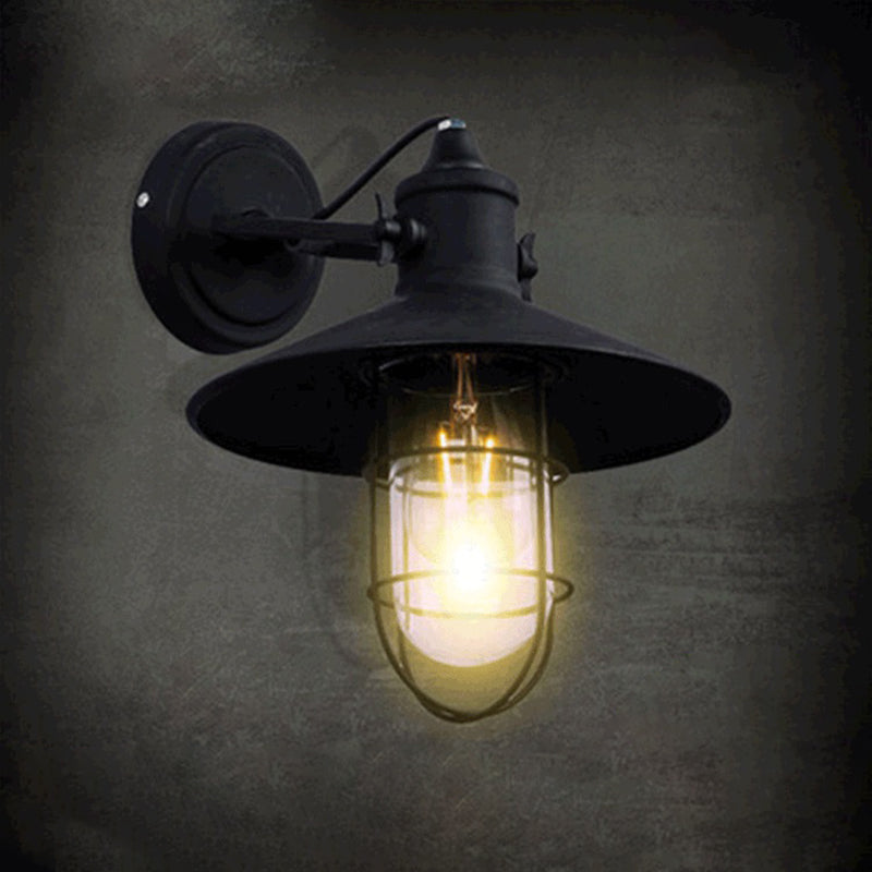 Black Finish Wire Cage Wall Lighting Industrial Metal 1 Light Coffee Shop Wall Mount Sconce with Clear Glass Shade