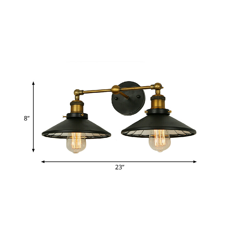 Iron Black and Brass Sconce Flared 2 Heads Antiqued Wall Mounted Light with Linear Arm