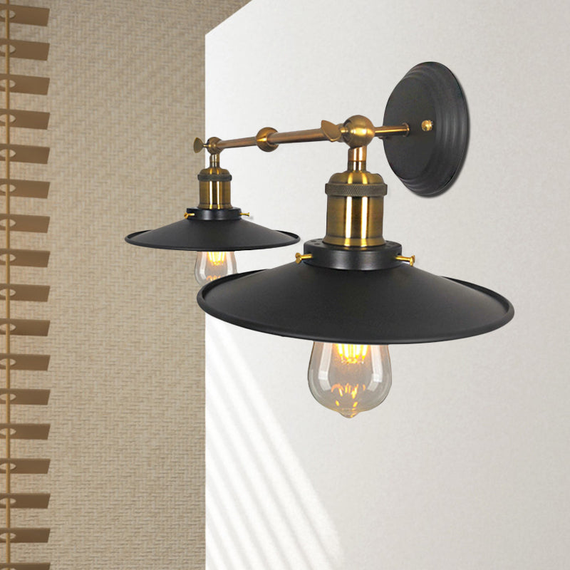 2 Bulbs Wall Light Sconce Vintage Restaurant Wall Mounted Lamp with Flare Metal Shade in Black and Brass