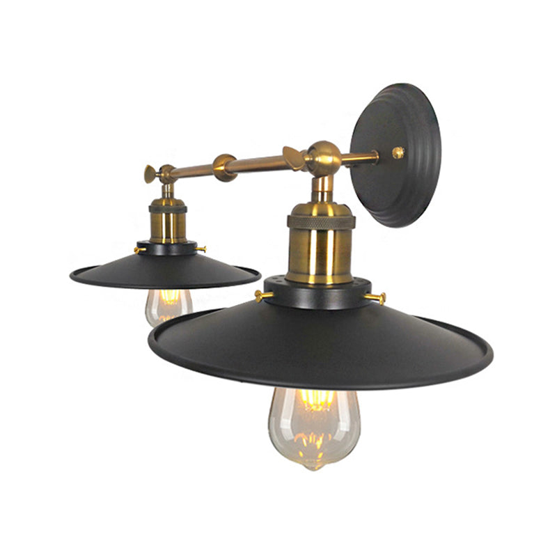 2 Bulbs Wall Light Sconce Vintage Restaurant Wall Mounted Lamp with Flare Metal Shade in Black and Brass