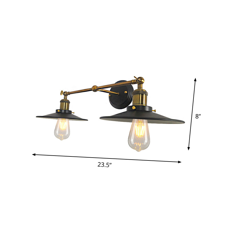 2 Bulbs Wall Light Sconce Vintage Restaurant Wall Mounted Lamp with Flare Metal Shade in Black and Brass