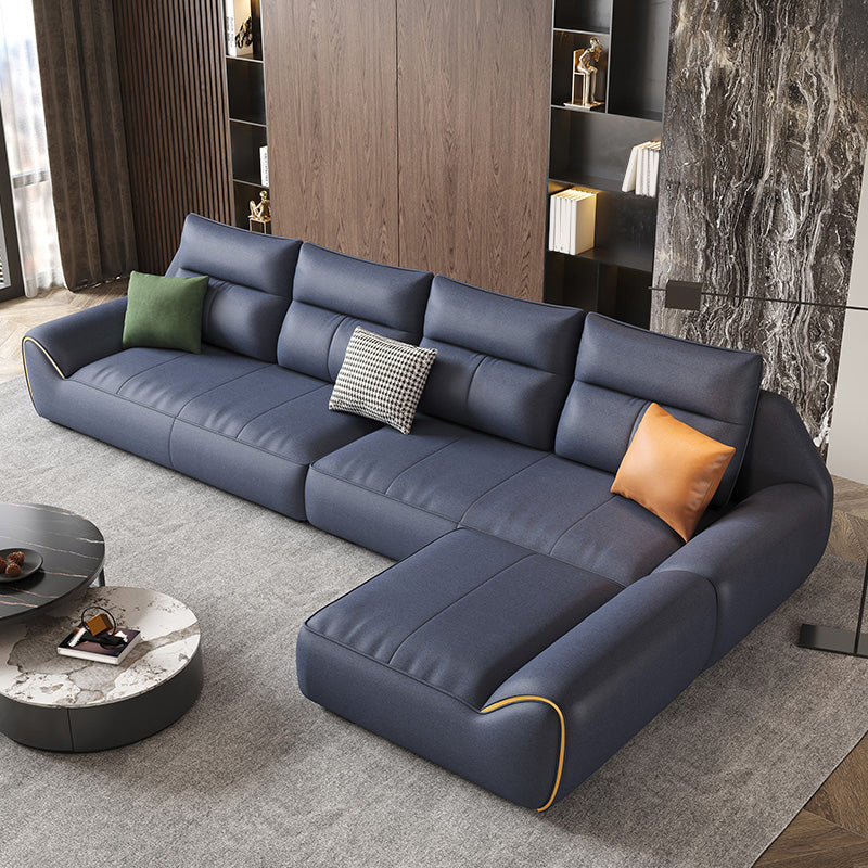 Square Arm Blue Removable Cushions Contemporary Faux Leather Sofa & Chaise