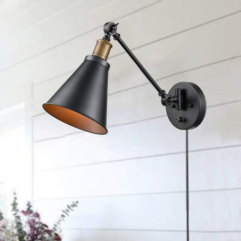1 ampoule en fer mural clair clair vintage noir swing bras de salon applique lampe à la teinte du cône