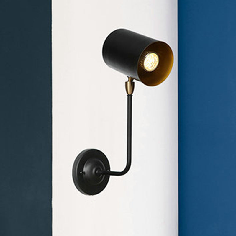 Antiqued Right Angle Arm Sconce 1 Bulb 6"/10" T Iron Wall Mounted Light in Black and Inner Gold with Cylinder Shade
