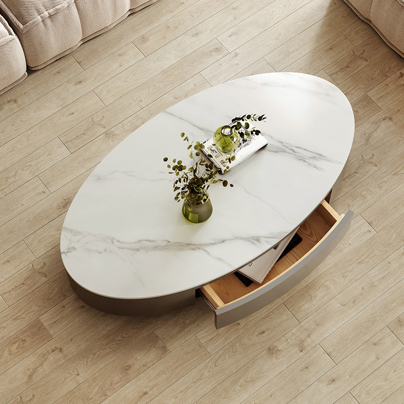 13.7"Tall Drum Oval Slate Top Coffee Table with Drawer for Living Room