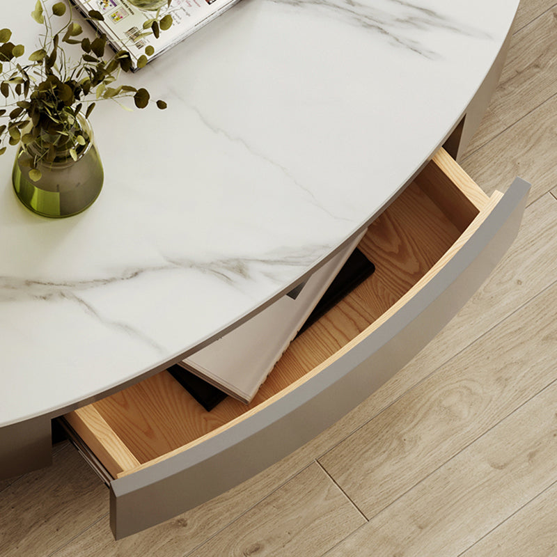 13.7"Tall Drum Oval Slate Top Coffee Table with Drawer for Living Room