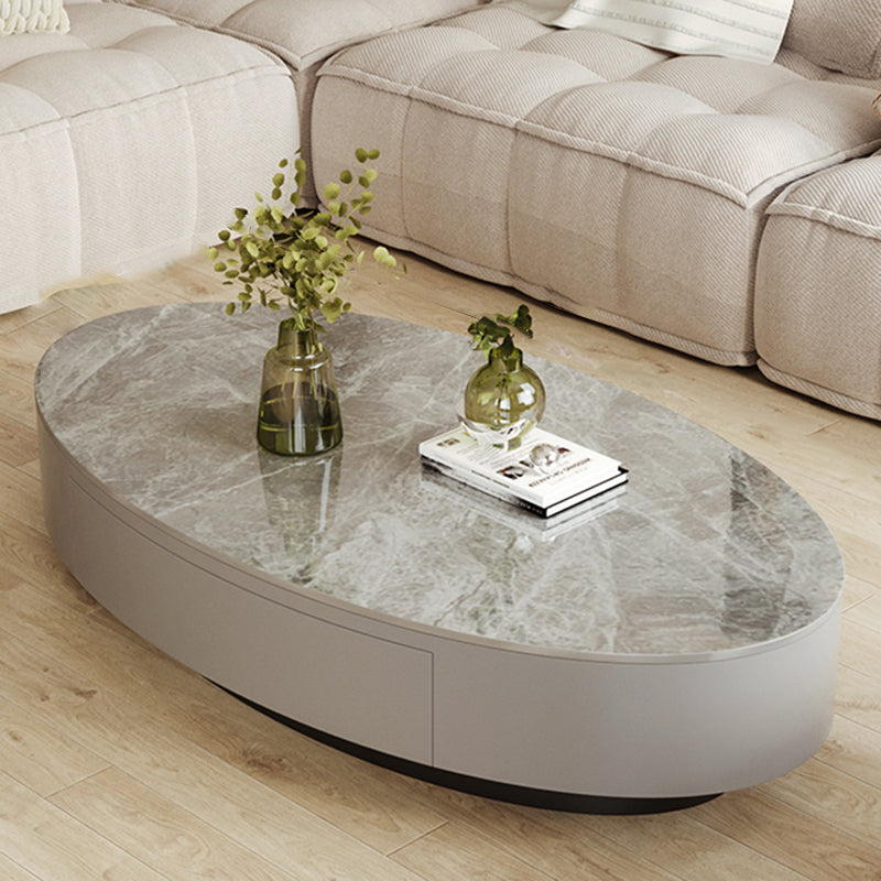 13.7"Tall Drum Oval Slate Top Coffee Table with Drawer for Living Room